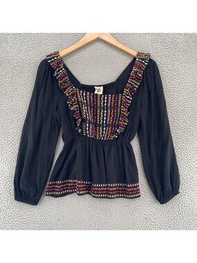Savanna Jane Top Womens Small Black Multi Embroidered Square Neck Balloon Sleeve